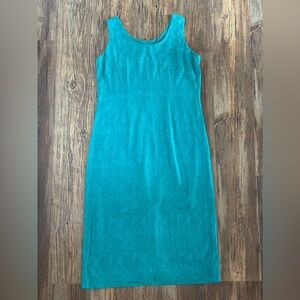 K Studio Sleeveless Maxi Dress Womens 14 Teal Brocade Textured Back Slit Classic